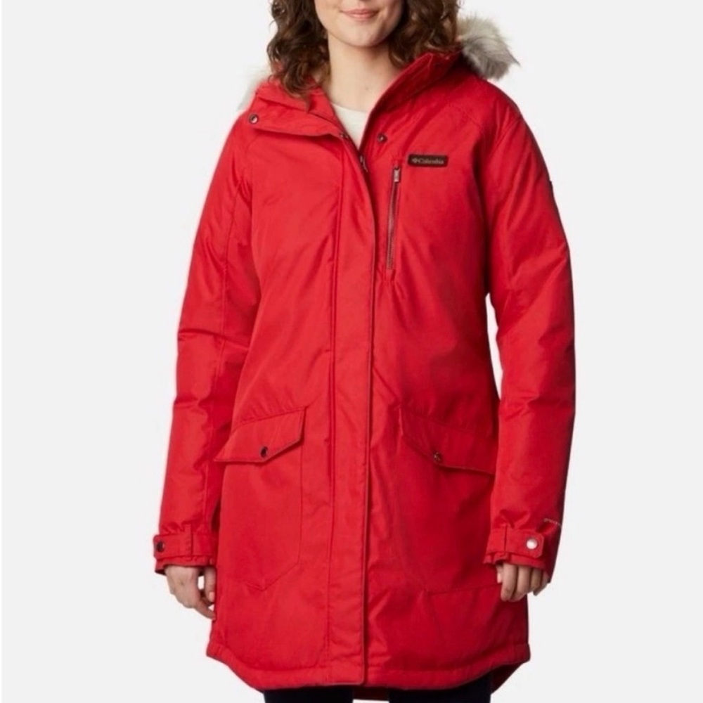 Columbia Size L, Lily Red Subtle Mountain Winter Parka with detachable fur, hood